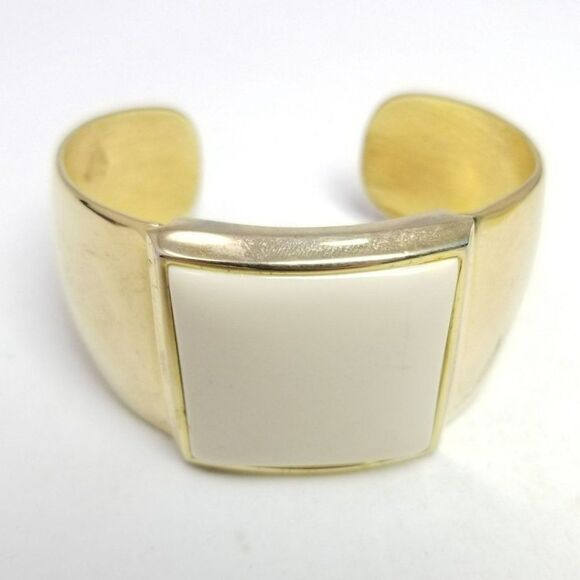 Vintage Avon Wide Cream Enamel Square and Gold Tone Cuff Bangle Bracelet, Estate - Picture 1 of 7